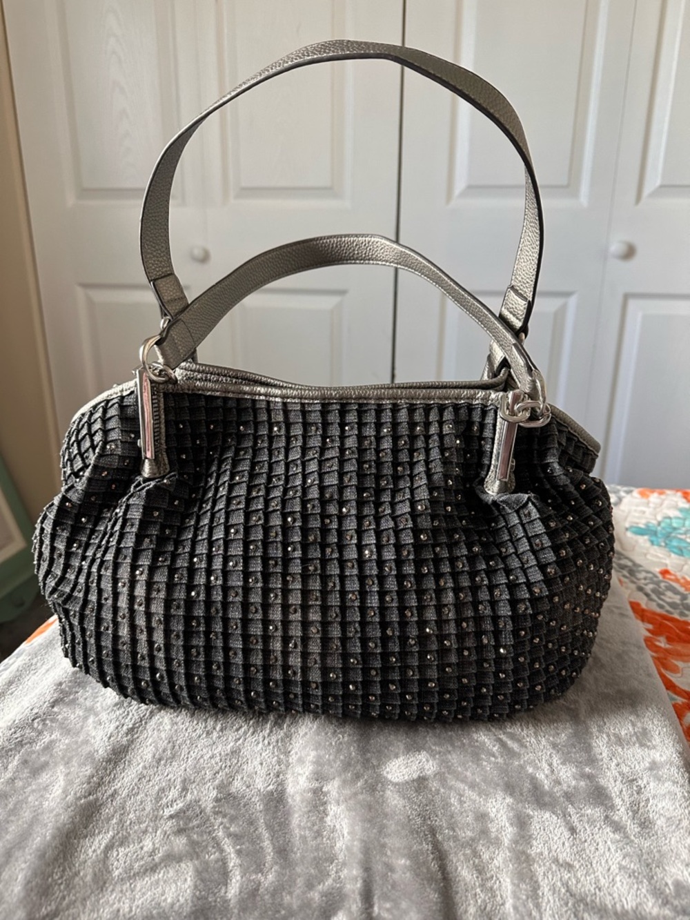 LaTique Anastasia W/Rhinestones  Shoulder Bag and faux Silver Leather